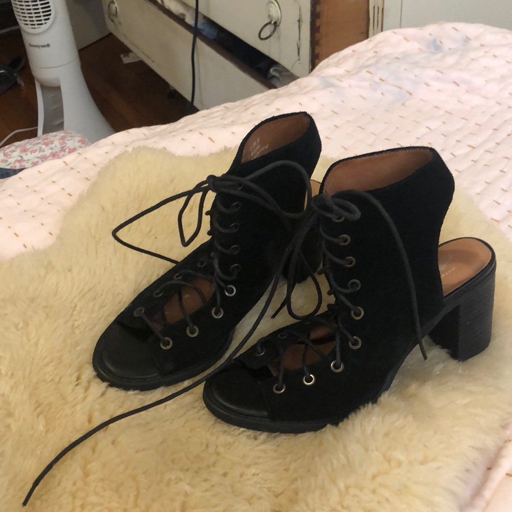 Black lace up open toe Jeffrey Campbell bootie.